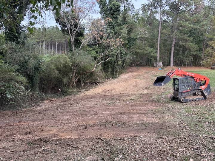 A stretch of overgrown ground cleared to bare earth with the tracked skid-steer parked at the edge